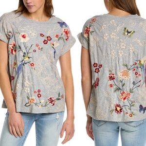 Johnny Was JAILYN Gray Embroidered Floral & Bird Short-Sleeve Tee